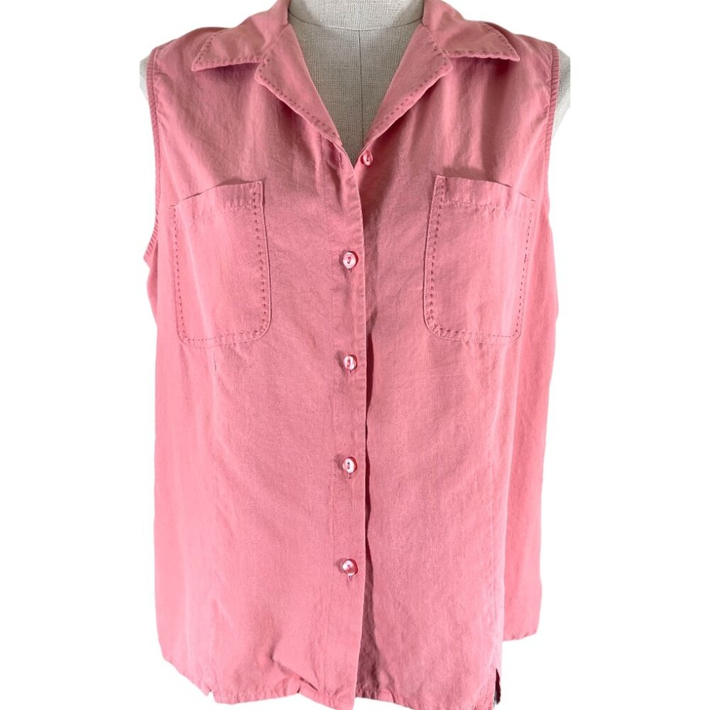 Anna and Frank Dusty Rose Sleeveless Pick Stitch Lapel & Pockets 100% Silk Shirt
